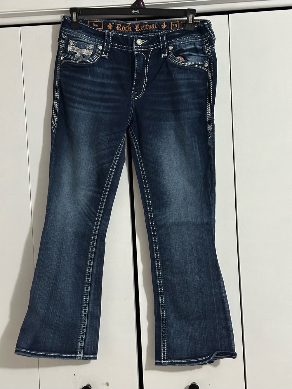 Rock Revival Dark Blue Flare Jeans with Contrast Stitching
